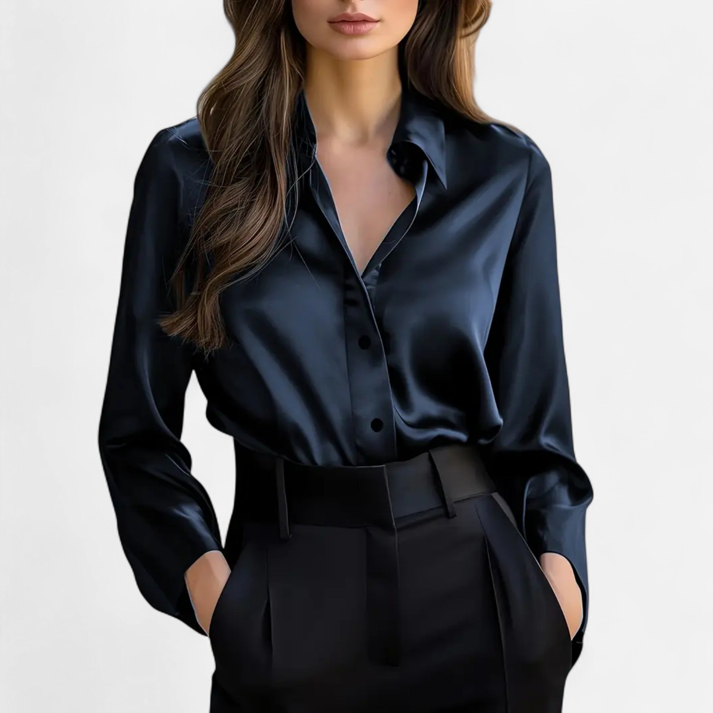 Velqlo | Women’s Black Satin Long Sleeve Blouse – Refined Button-Up Elegance