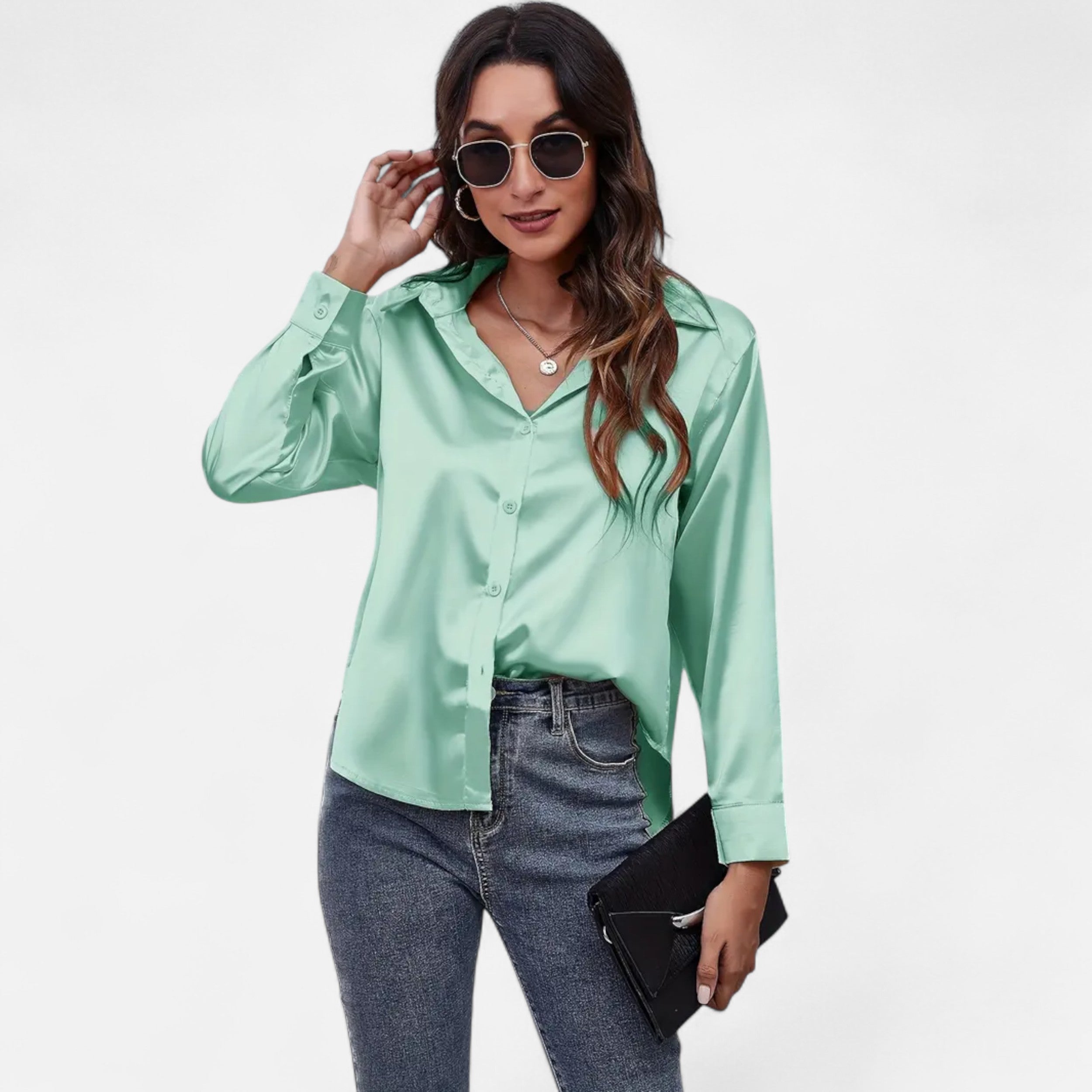 Velqlo | Women’s Satin-Finish Long Sleeve Blouse – Chic Formal Elegance