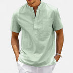 Velqlo | Men’s Henley Shirt – Cotton Linen Short Sleeve Elegance