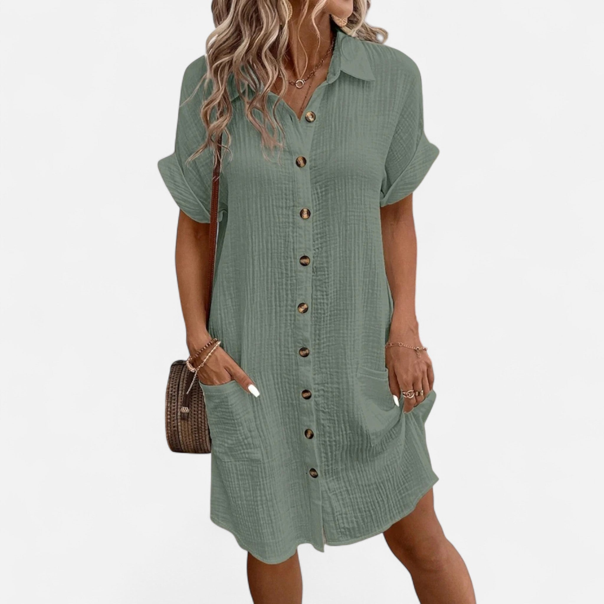 Velqlo | Women’s Mini Dress – Cotton Linen V-Neck Elegance