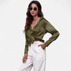 Velqlo | Women’s Satin-Finish Long Sleeve Blouse – Chic Formal Elegance