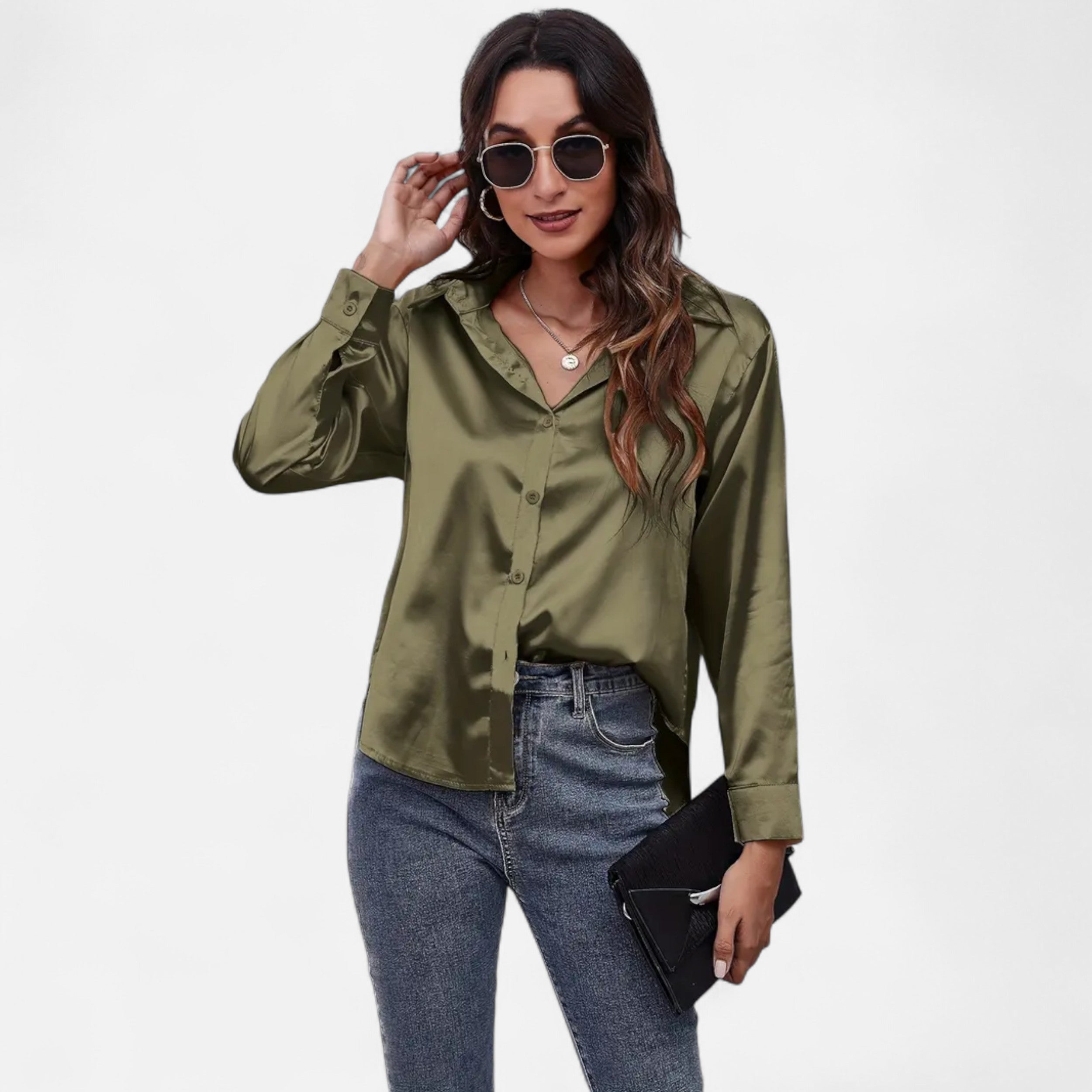 Velqlo | Women’s Satin-Finish Long Sleeve Blouse – Chic Formal Elegance
