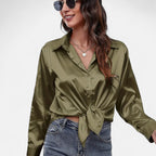 Velqlo | Women’s Satin-Finish Long Sleeve Blouse – Chic Formal Elegance