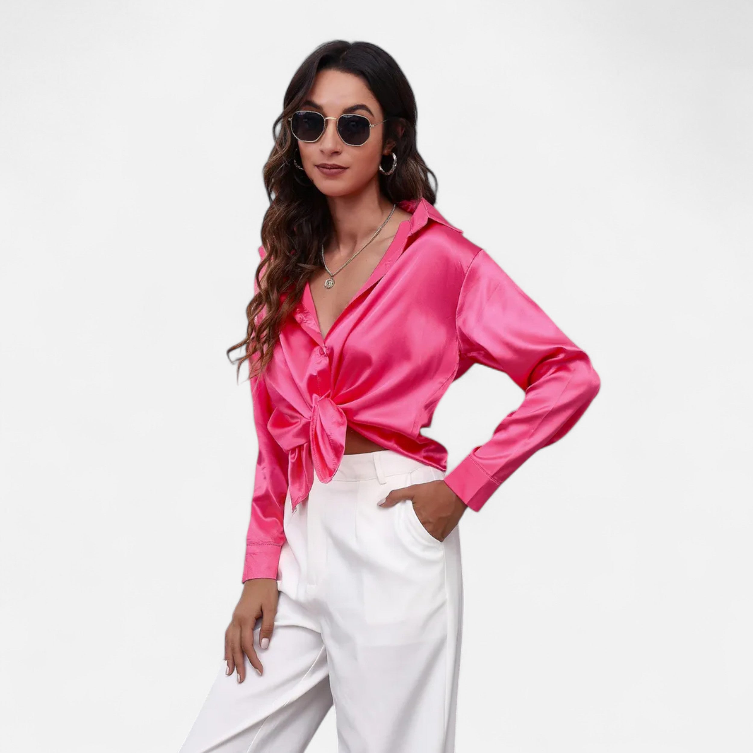 Velqlo | Women’s Satin-Finish Long Sleeve Blouse – Chic Formal Elegance