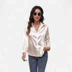 Velqlo | Women’s Satin-Finish Long Sleeve Blouse – Chic Formal Elegance