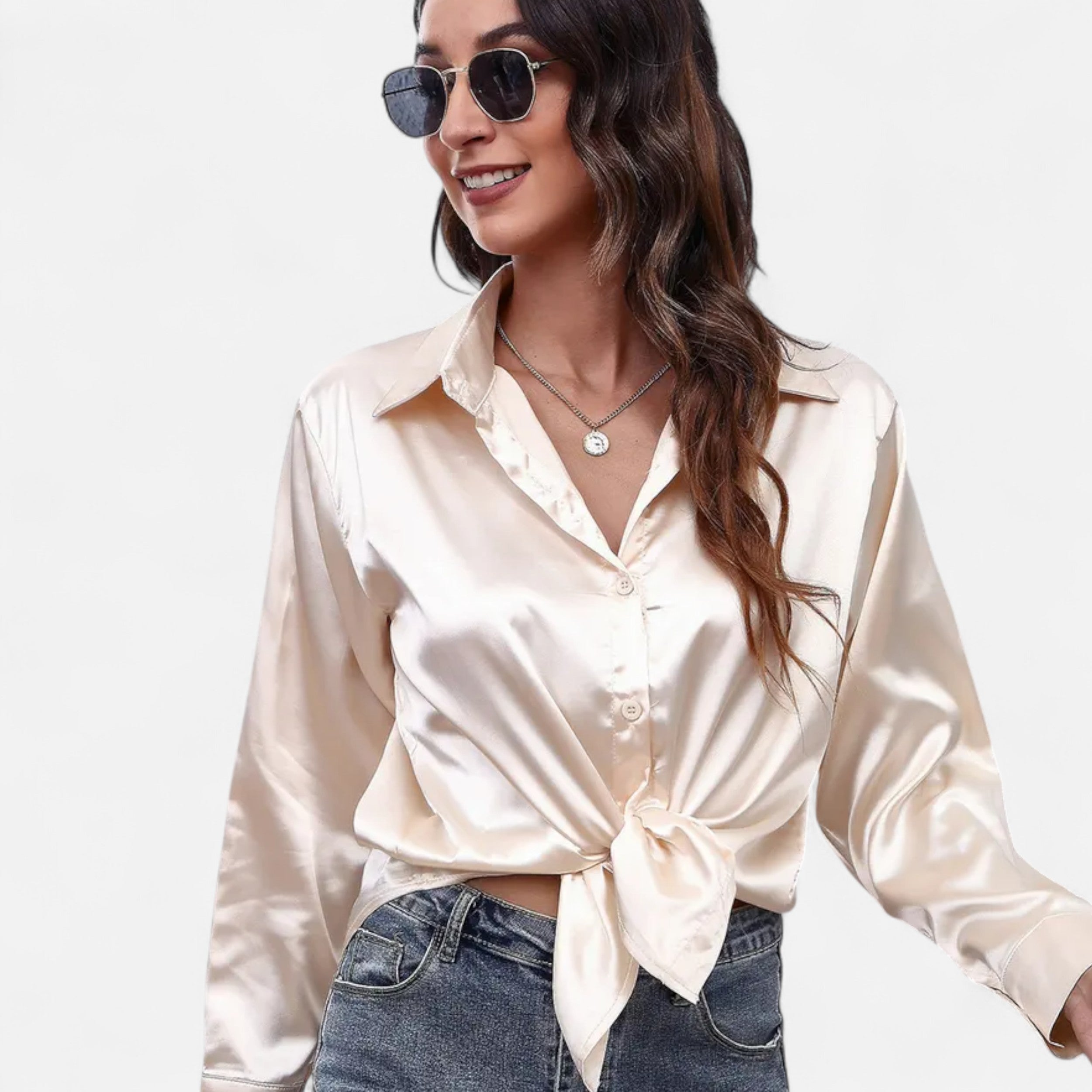 Velqlo | Women’s Satin-Finish Long Sleeve Blouse – Chic Formal Elegance