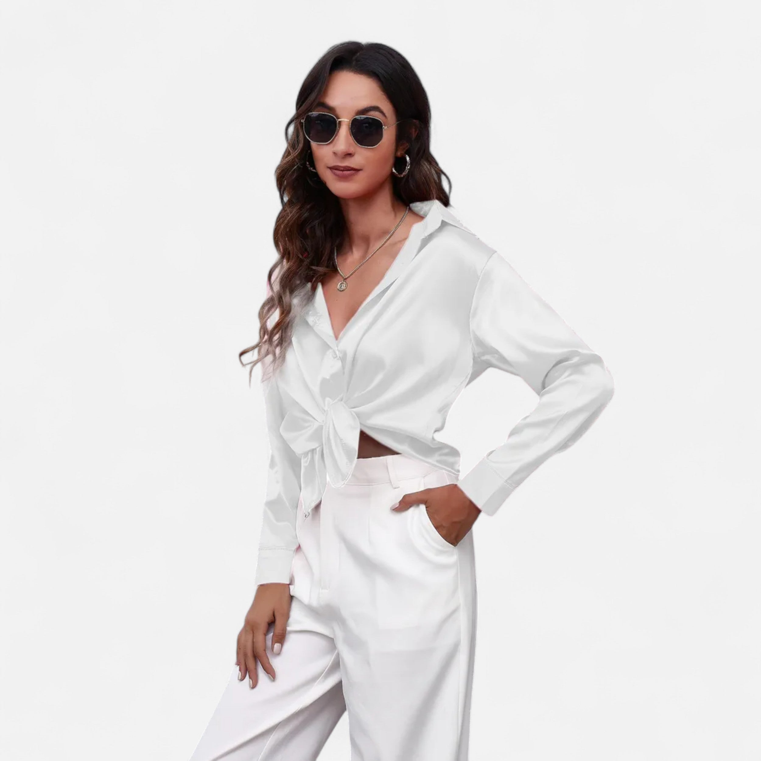 Velqlo | Women’s Satin-Finish Long Sleeve Blouse – Chic Formal Elegance