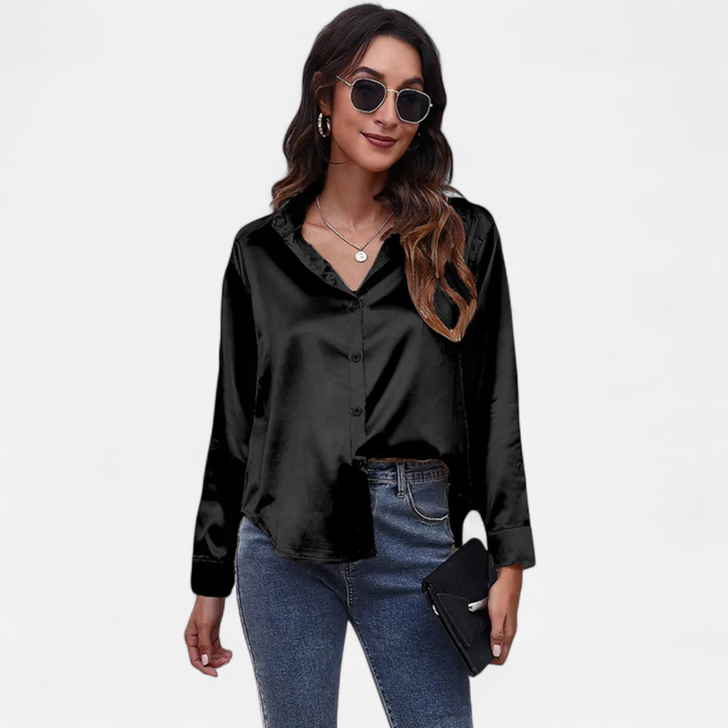 Velqlo | Women’s Satin-Finish Long Sleeve Blouse – Chic Formal Elegance
