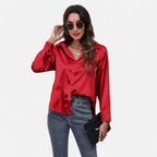 Velqlo | Women’s Satin-Finish Long Sleeve Blouse – Chic Formal Elegance
