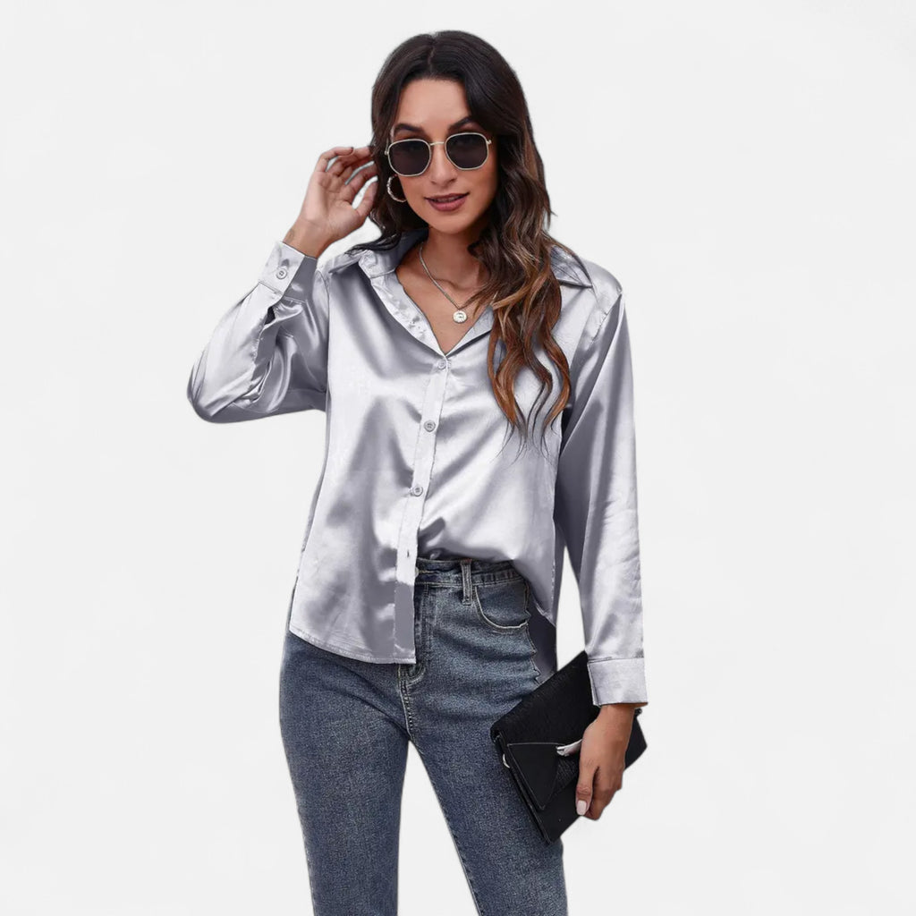 Velqlo | Women’s Satin-Finish Long Sleeve Blouse – Chic Formal Elegance