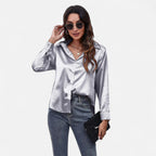 Velqlo | Women’s Satin-Finish Long Sleeve Blouse – Chic Formal Elegance