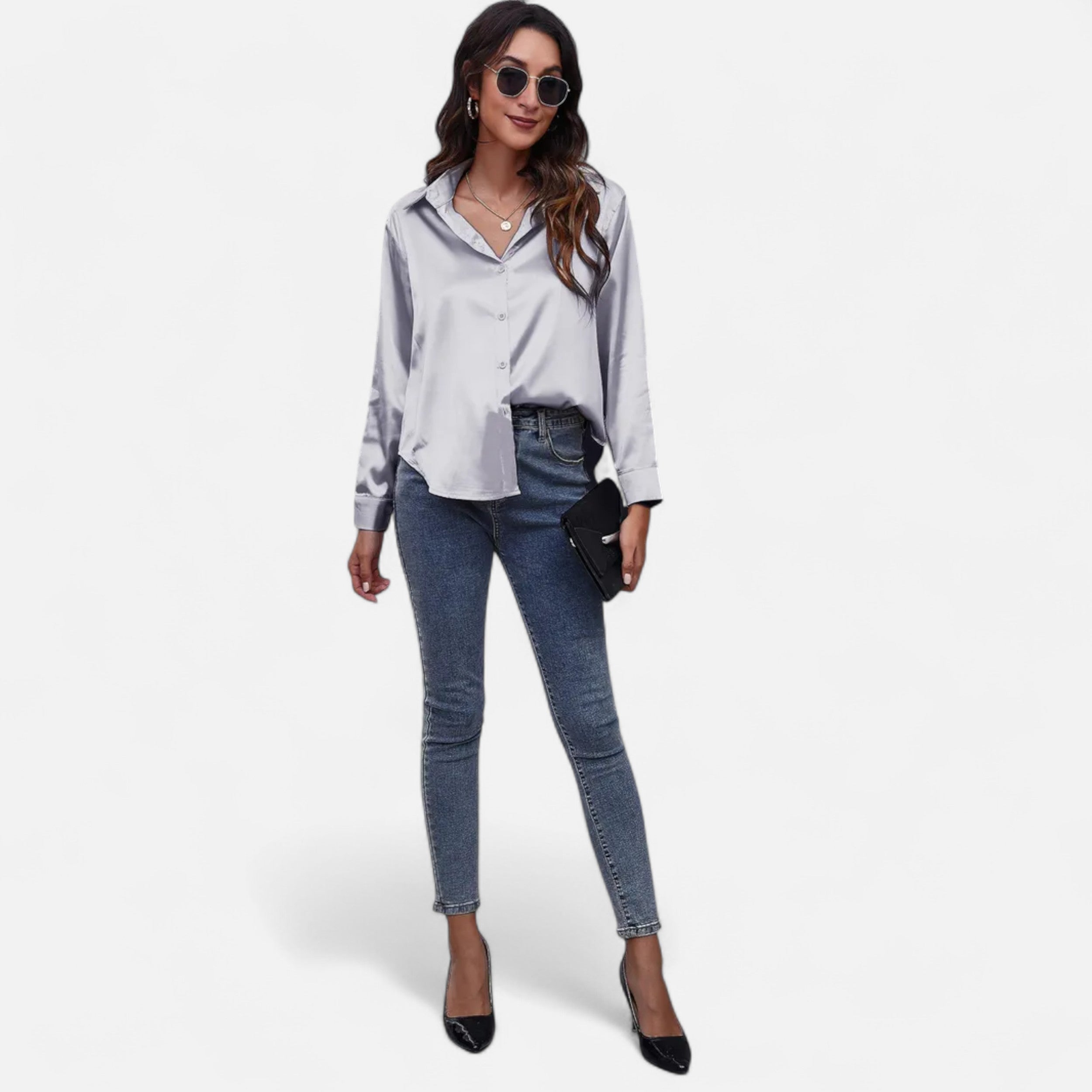 Velqlo | Women’s Satin-Finish Long Sleeve Blouse – Chic Formal Elegance