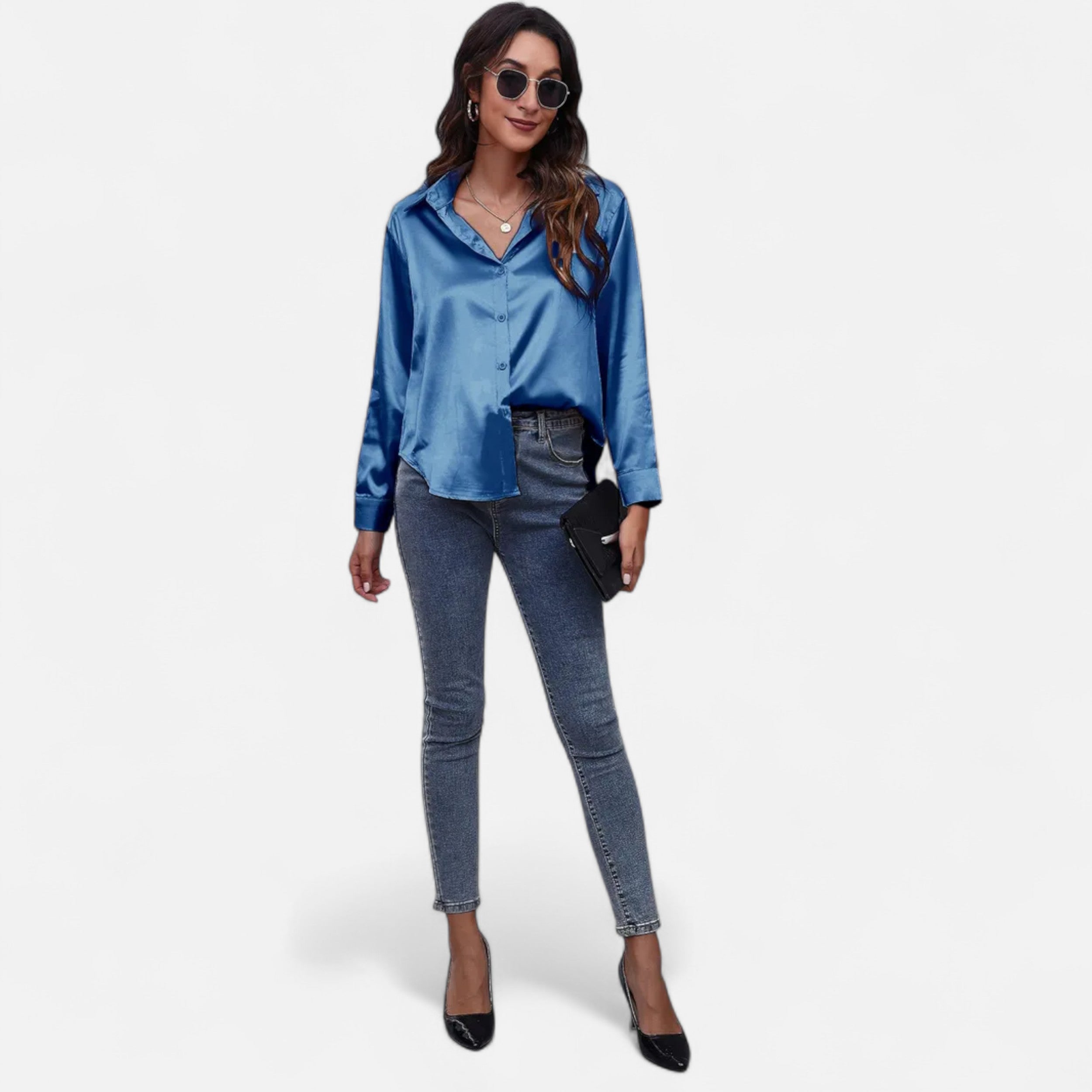 Velqlo | Women’s Satin-Finish Long Sleeve Blouse – Chic Formal Elegance
