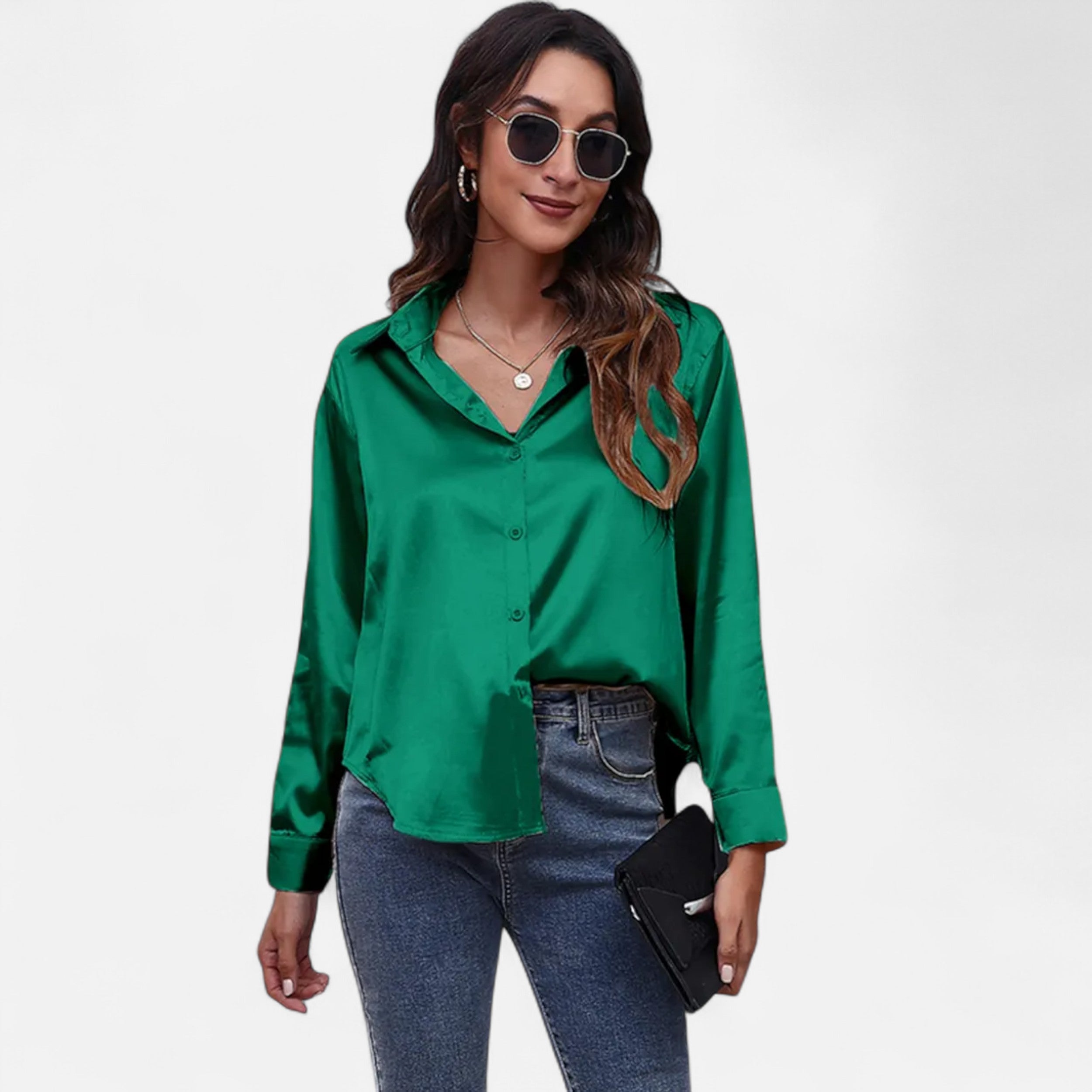 Velqlo | Women’s Satin-Finish Long Sleeve Blouse – Chic Formal Elegance