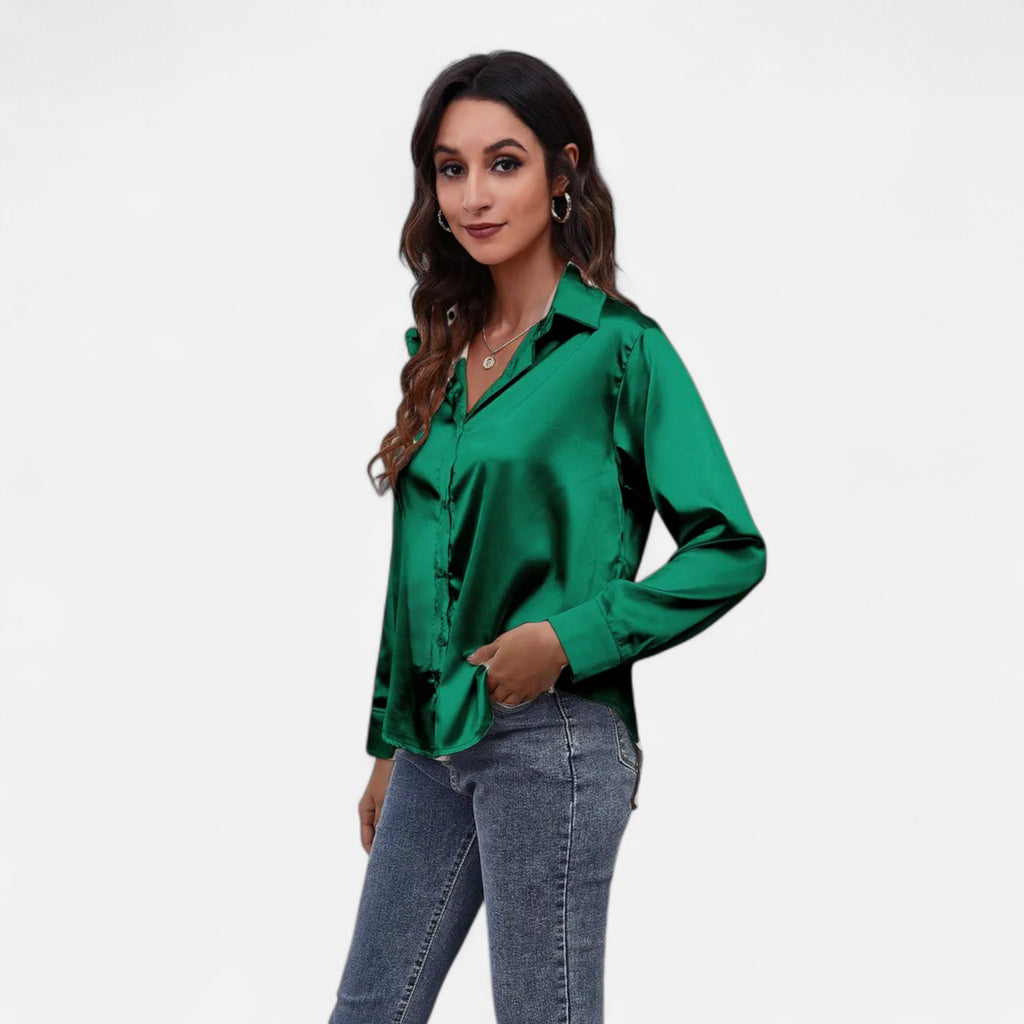 Velqlo | Women’s Satin-Finish Long Sleeve Blouse – Chic Formal Elegance