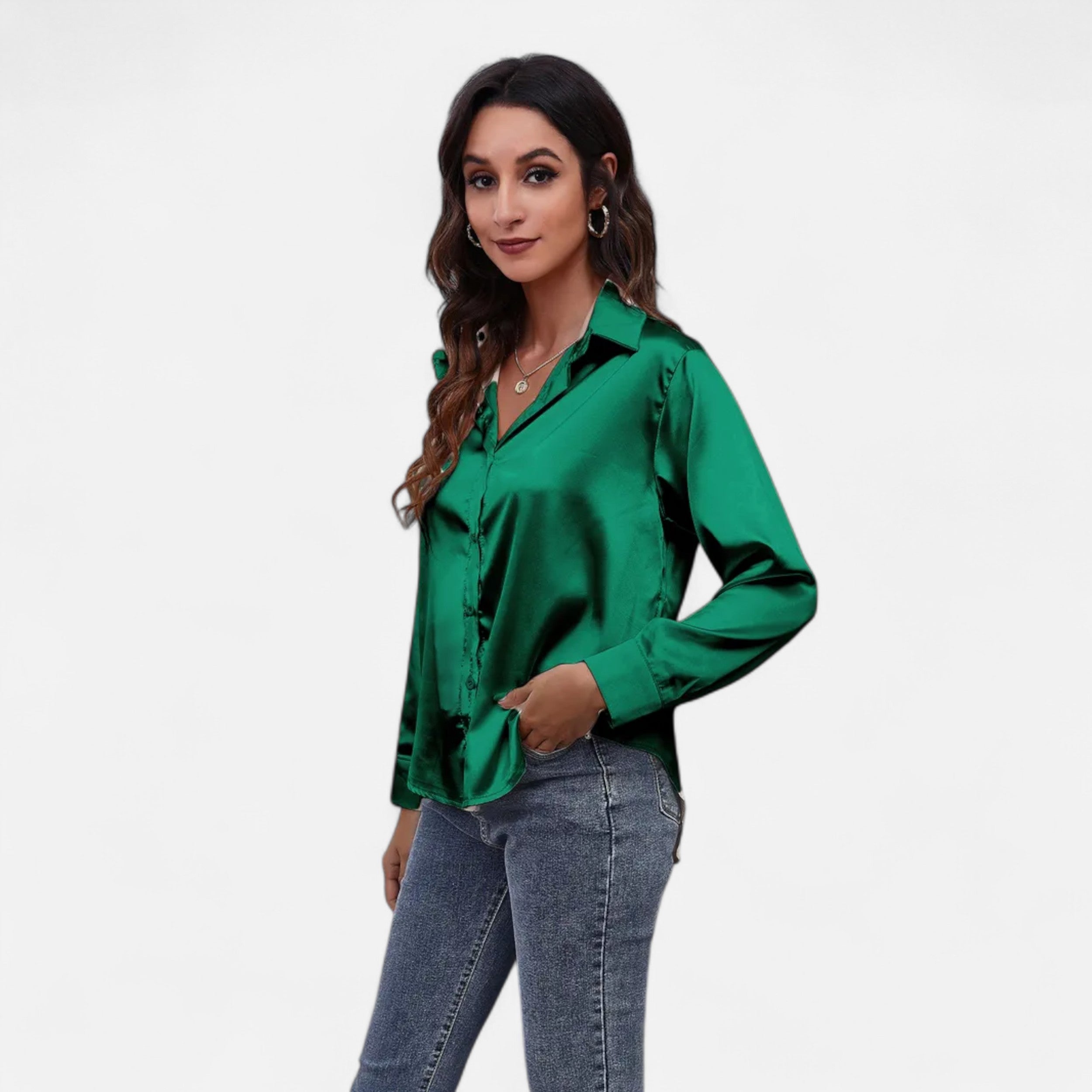 Velqlo | Women’s Satin-Finish Long Sleeve Blouse – Chic Formal Elegance