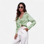 Velqlo | Women’s Satin-Finish Long Sleeve Blouse – Chic Formal Elegance