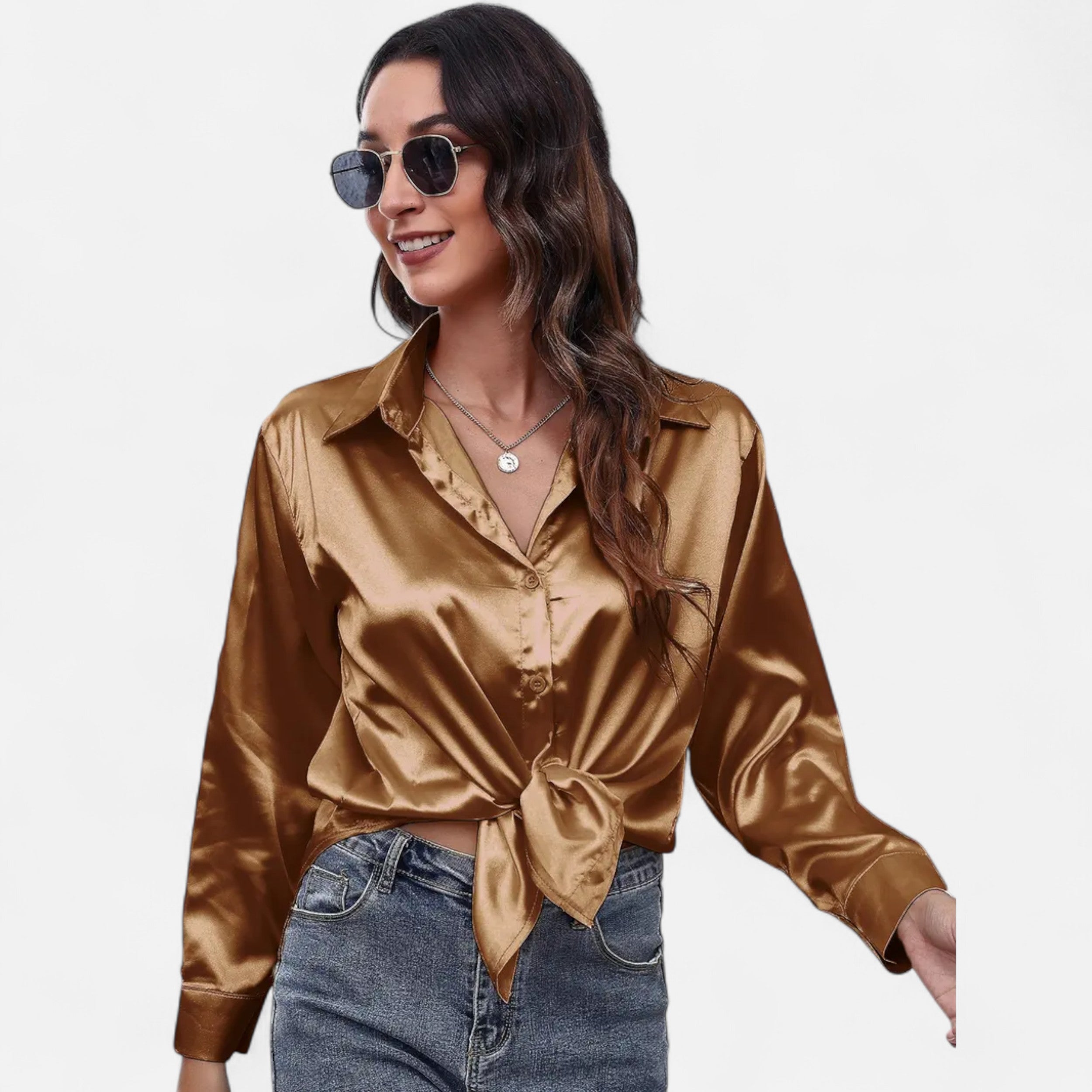 Velqlo | Women’s Satin-Finish Long Sleeve Blouse – Chic Formal Elegance