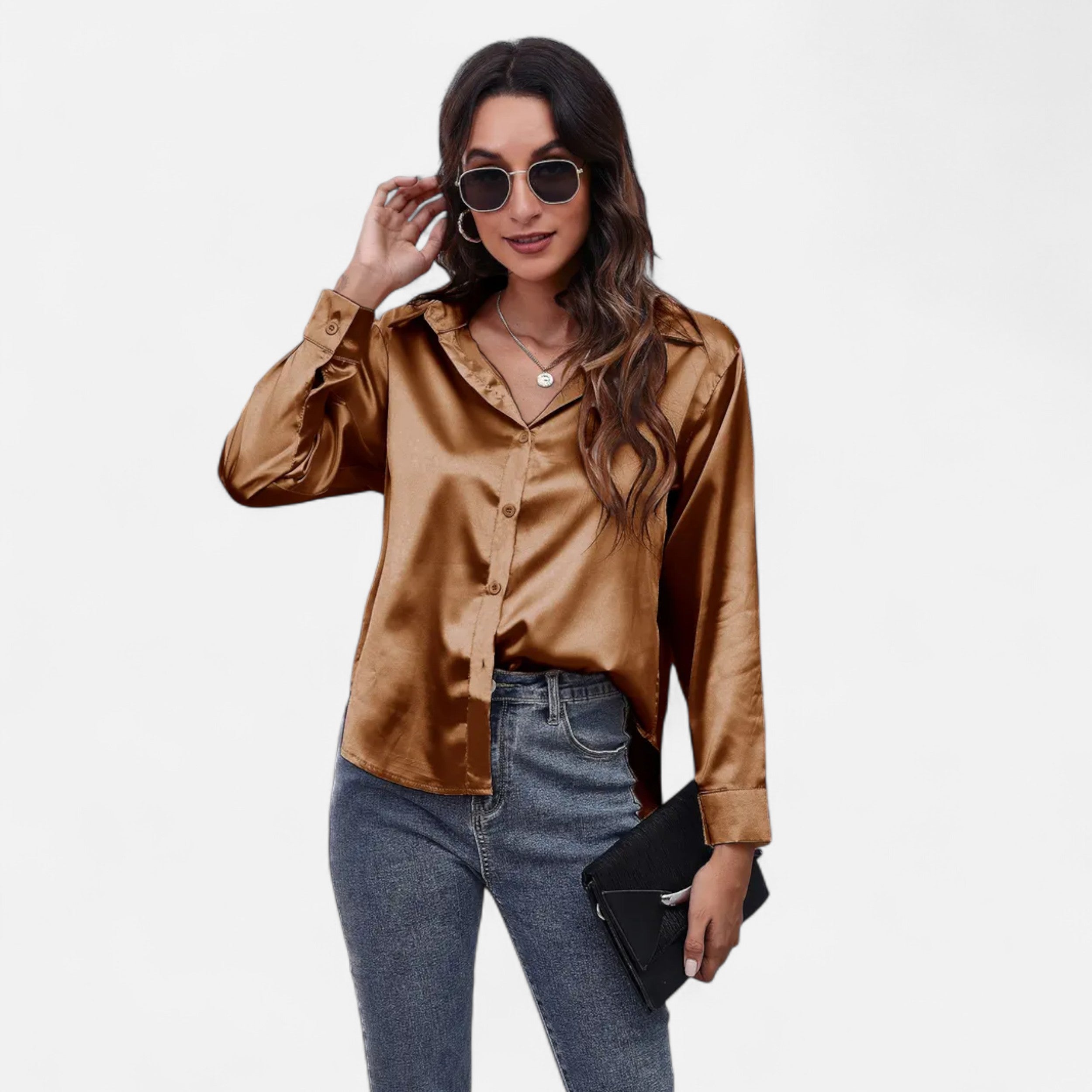 Velqlo | Women’s Satin-Finish Long Sleeve Blouse – Chic Formal Elegance