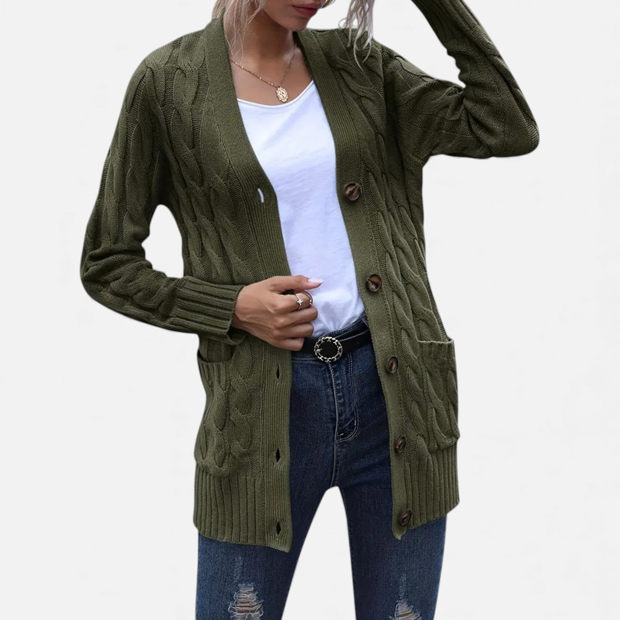 Velqlo | Cardigan Femme Torsadé Élégance Héritage Olive