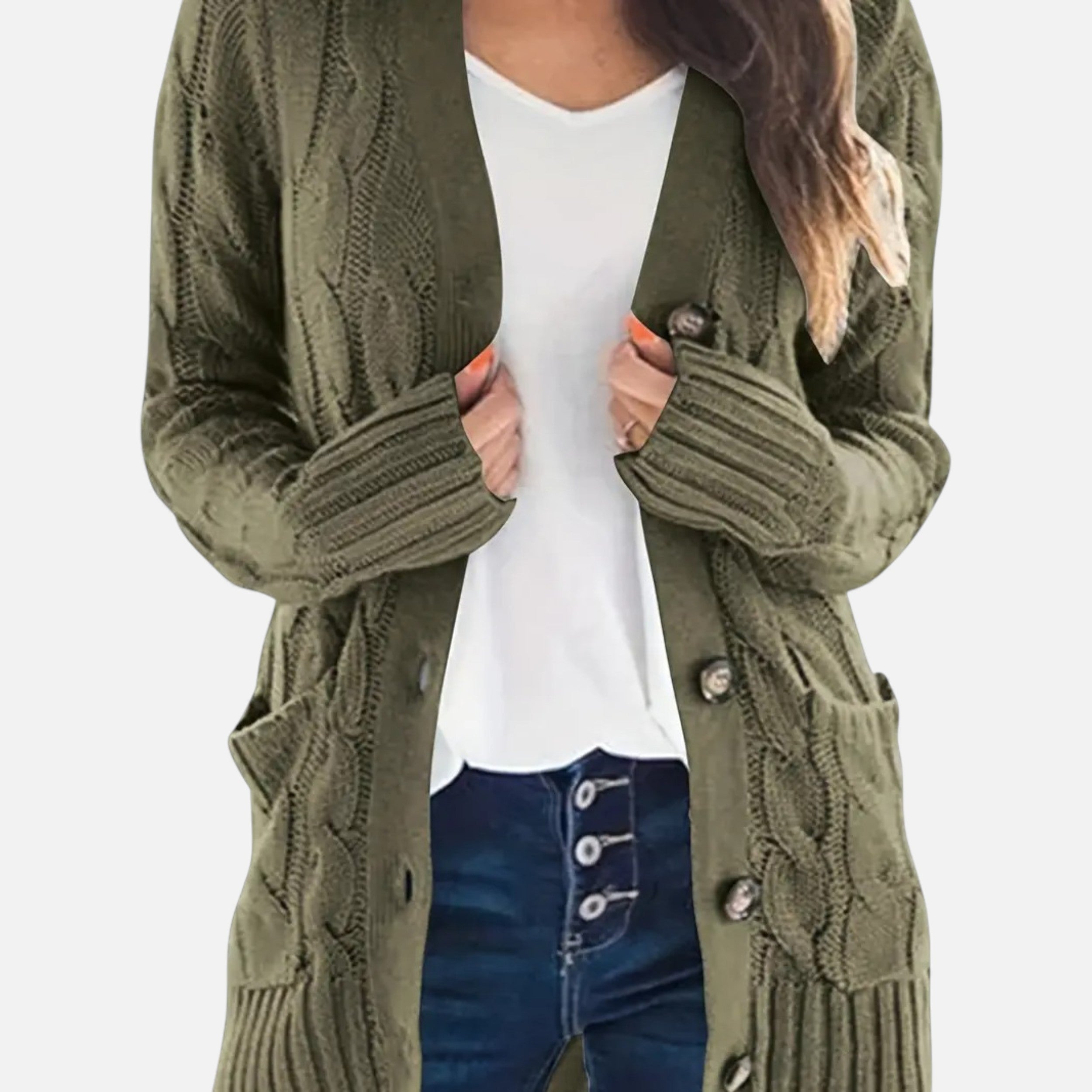 Velqlo | Cardigan Femme Torsadé Élégance Héritage Olive