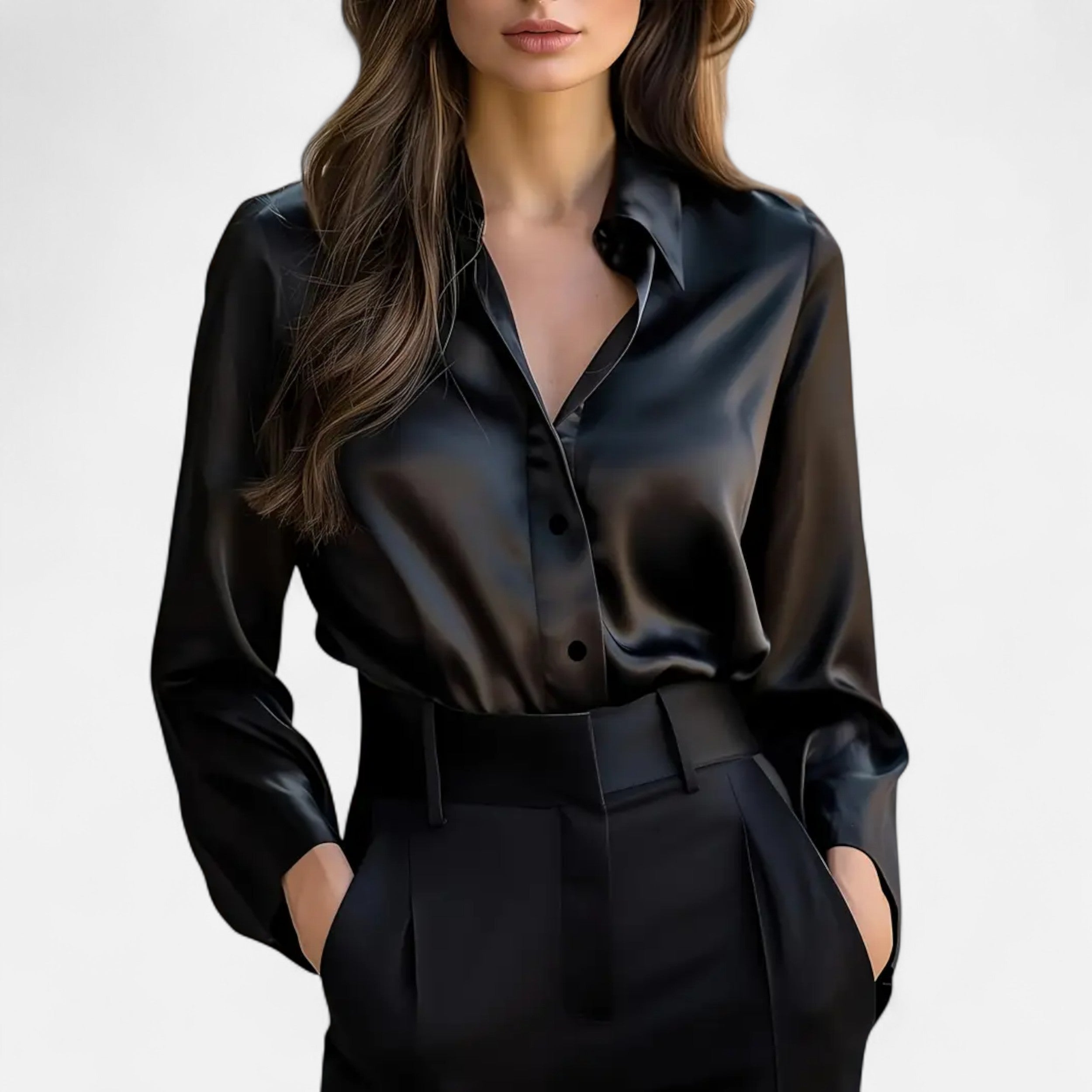 Velqlo | Women’s Black Satin Long Sleeve Blouse – Refined Button-Up Elegance