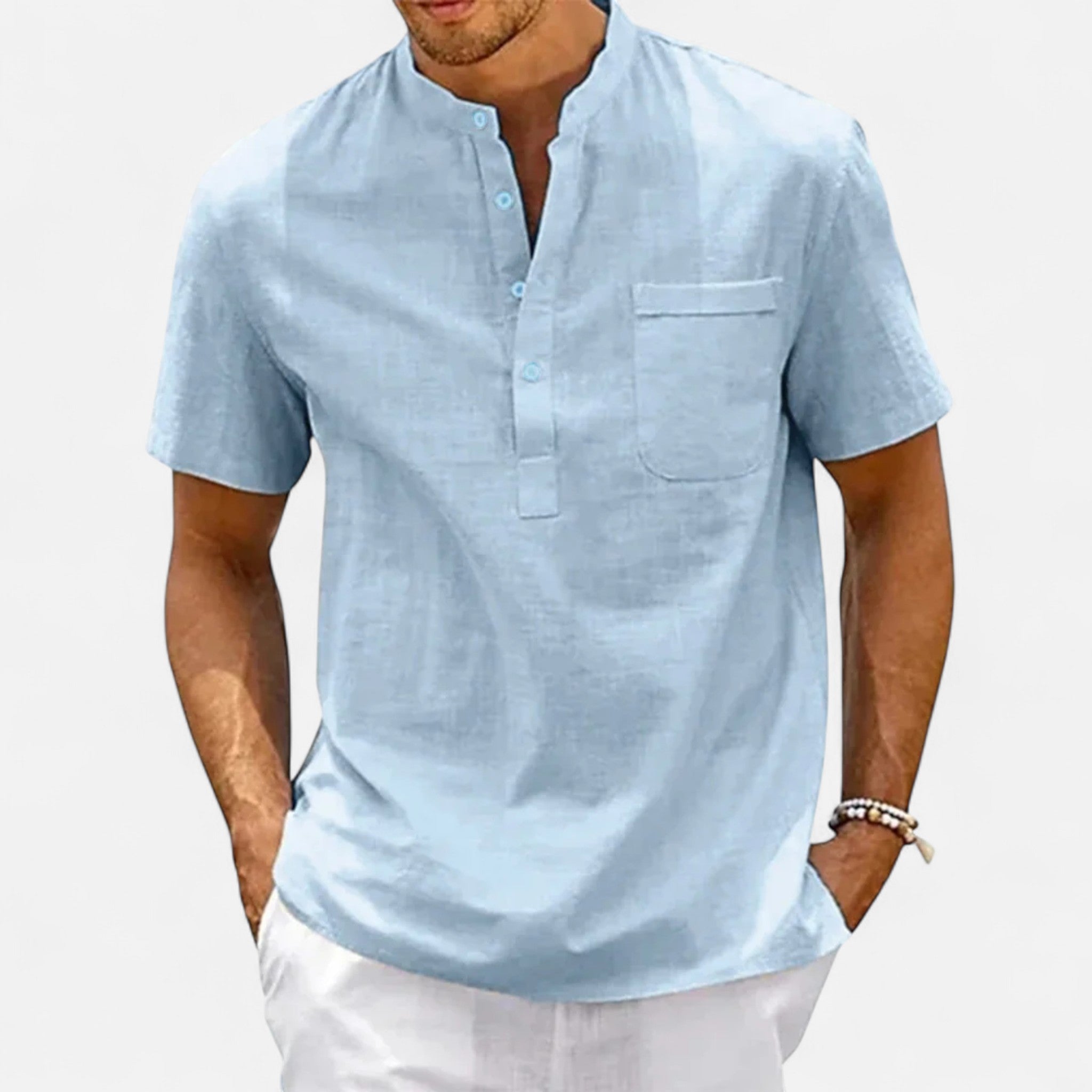 Velqlo | Men’s Henley Shirt – Cotton Linen Short Sleeve Elegance