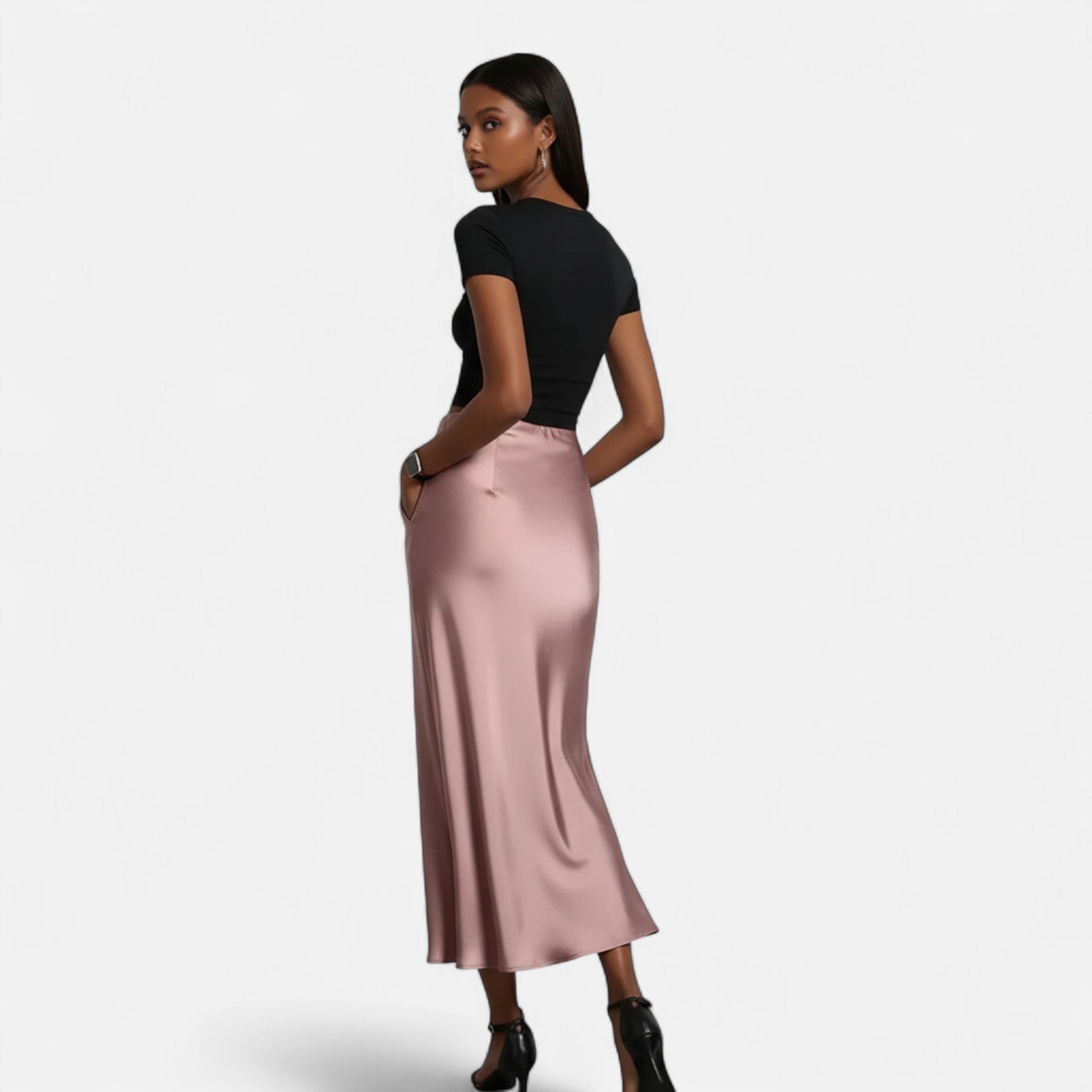 Velqlo | Jupe midi en satin à taille haute pour femme