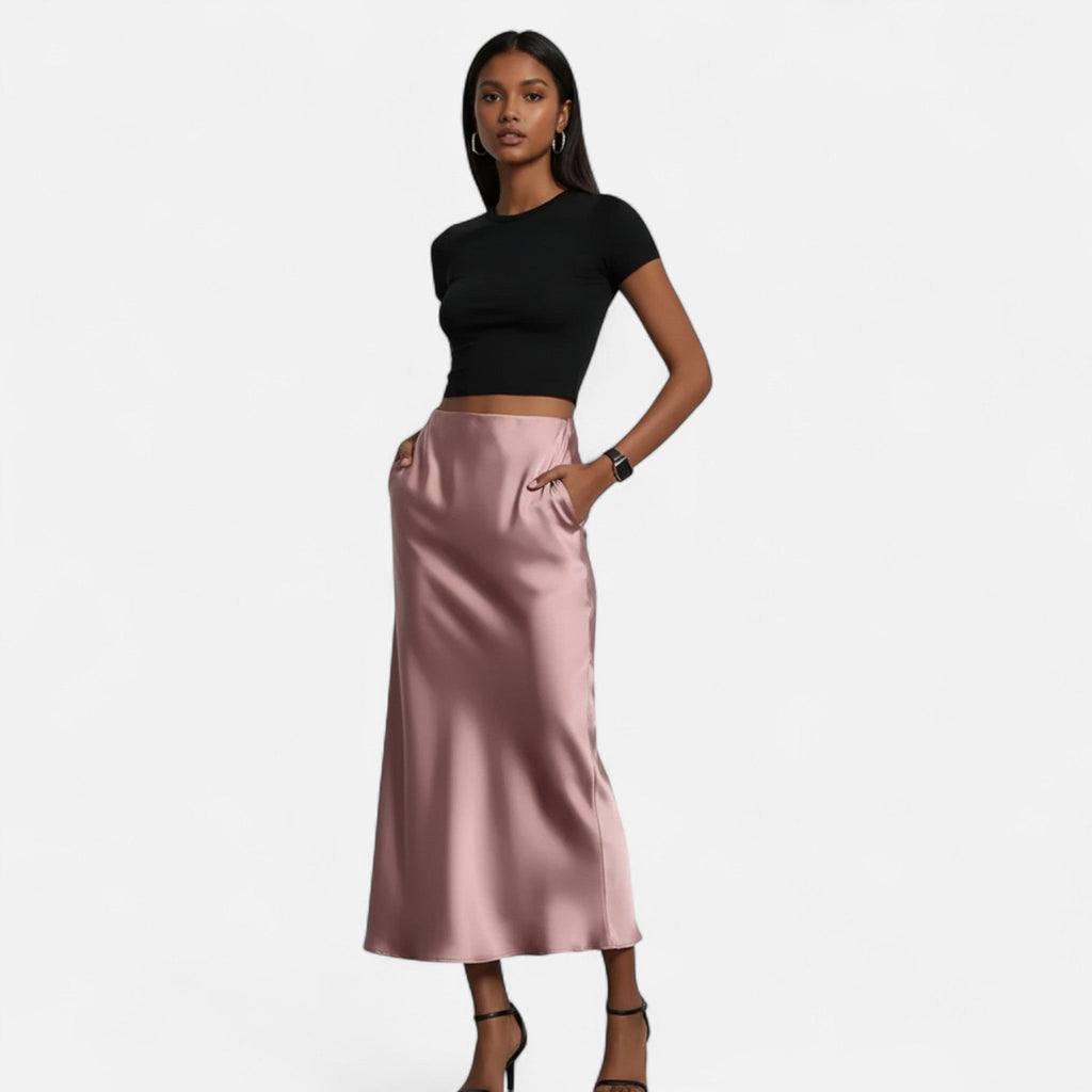 Velqlo | Jupe midi en satin à taille haute pour femme