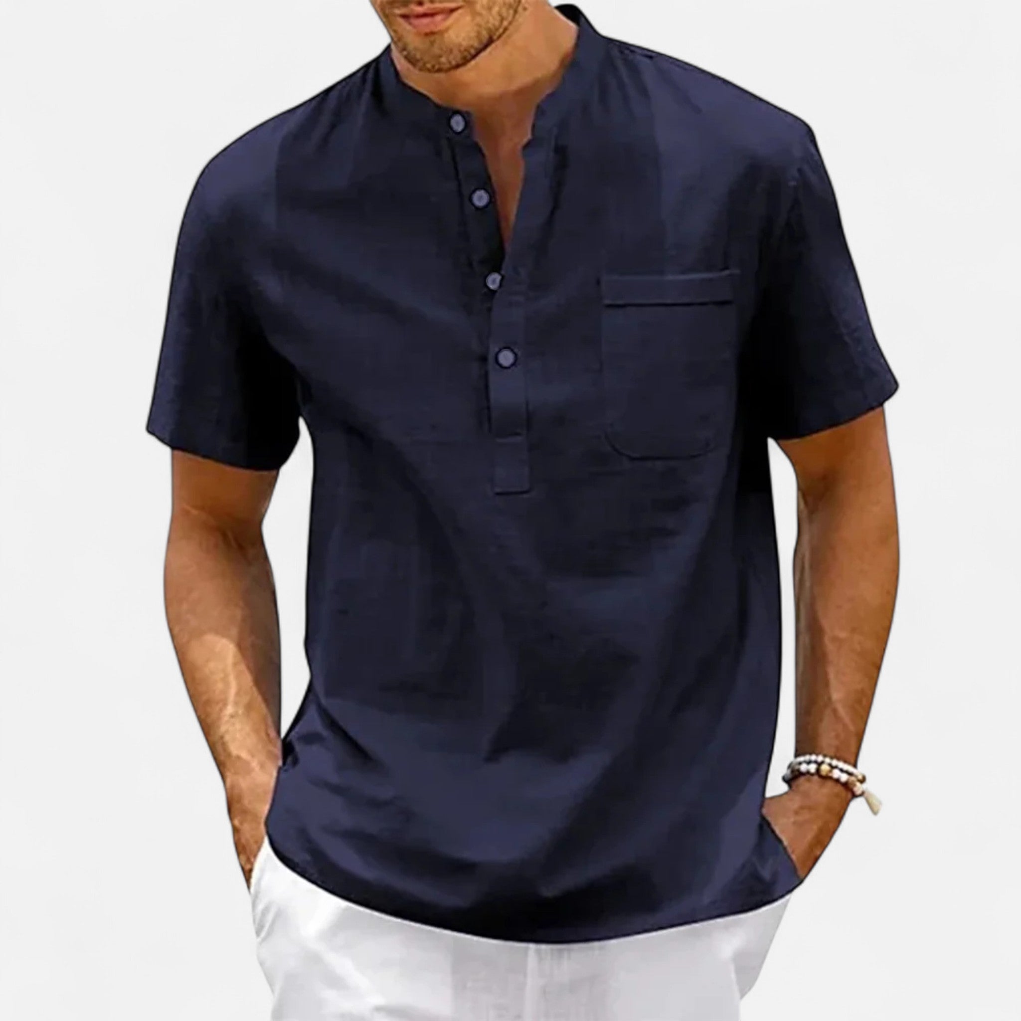Velqlo | Men’s Henley Shirt – Cotton Linen Short Sleeve Elegance