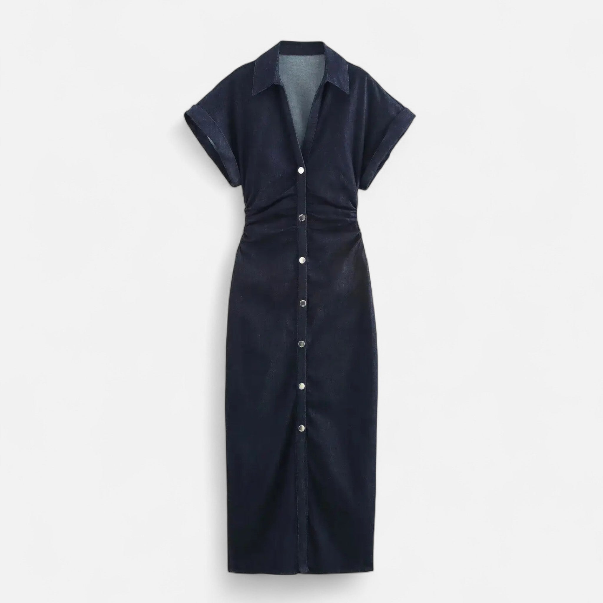 Velqlo | Women’s Denim Midi Dress – 1975 Slim Lapel Elegance