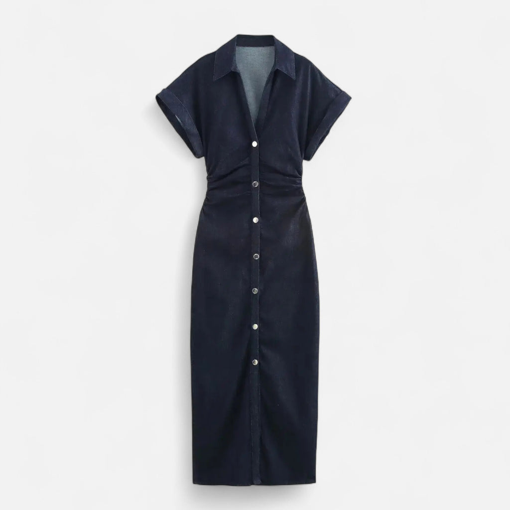 Velqlo | Women’s Denim Midi Dress – 1975 Slim Lapel Elegance