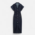 Velqlo | Women’s Denim Midi Dress – 1975 Slim Lapel Elegance