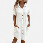 Velqlo | Women’s Mini Dress – Cotton Linen V-Neck Elegance
