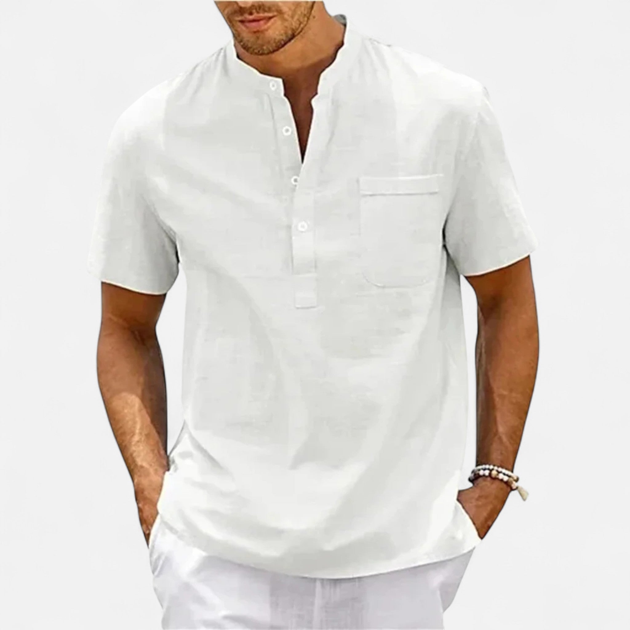 Velqlo | Men’s Henley Shirt – Cotton Linen Short Sleeve Elegance